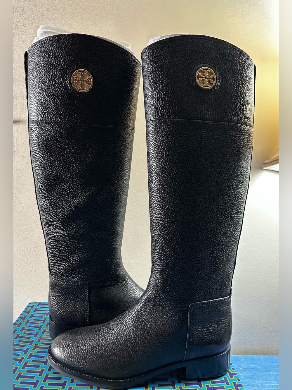 Tory Burch Junction Riding Boots Women’s 8 Black Tumbled Leather New in Box